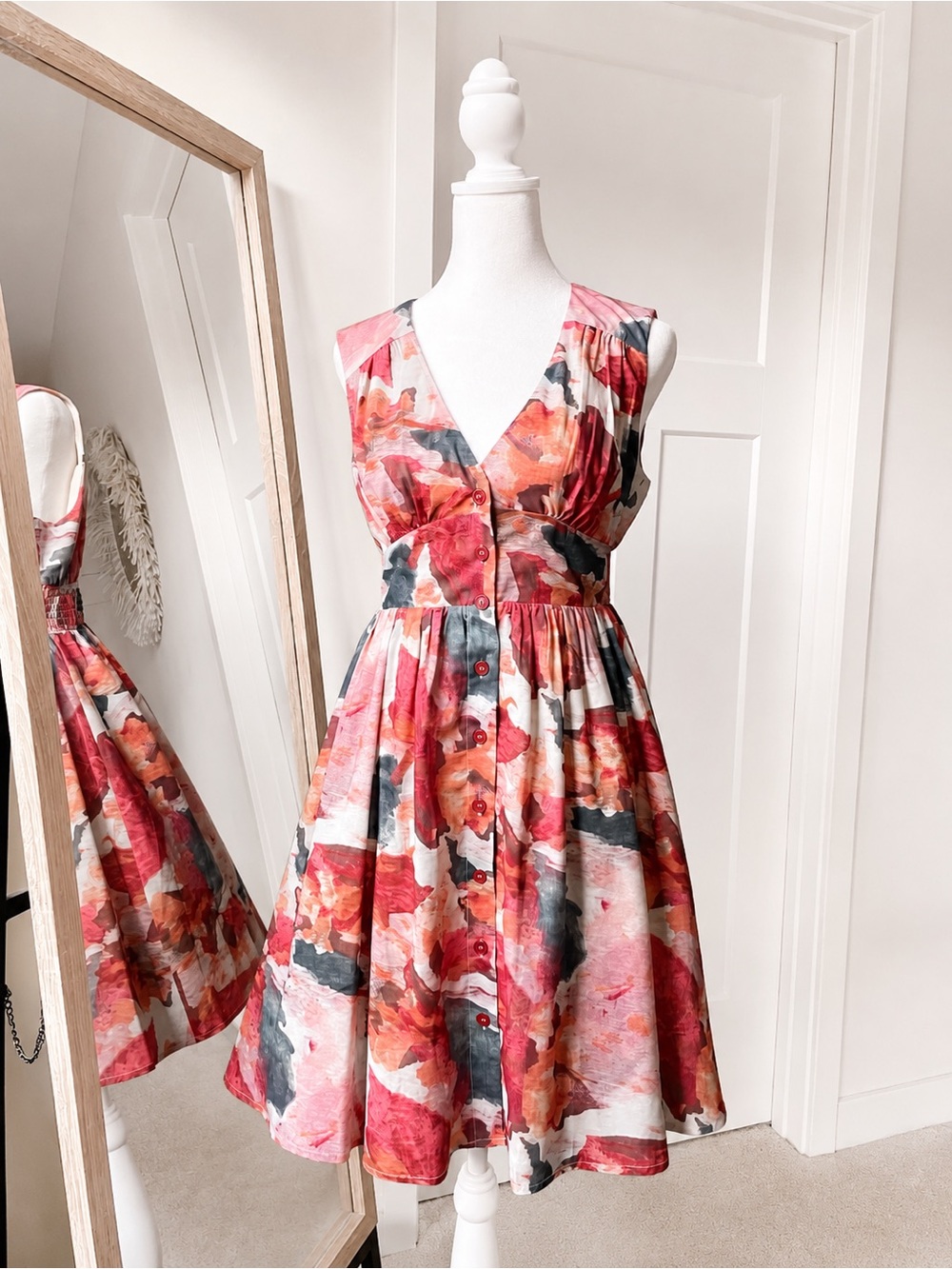 Sleeveless Pink Watercolor Button-Front Dress Button Front Fit and Flare